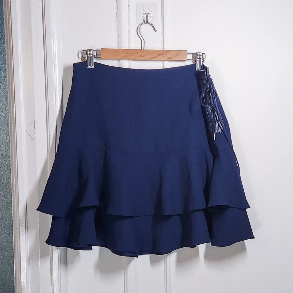 Lauren Ralph Lauren Tiered Mini Skirt with Leather Lace Up Detail